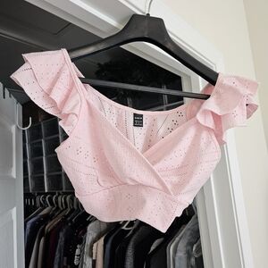 SHEIN Light Pink Eyelet Crop Top with Ruffle Sleeves